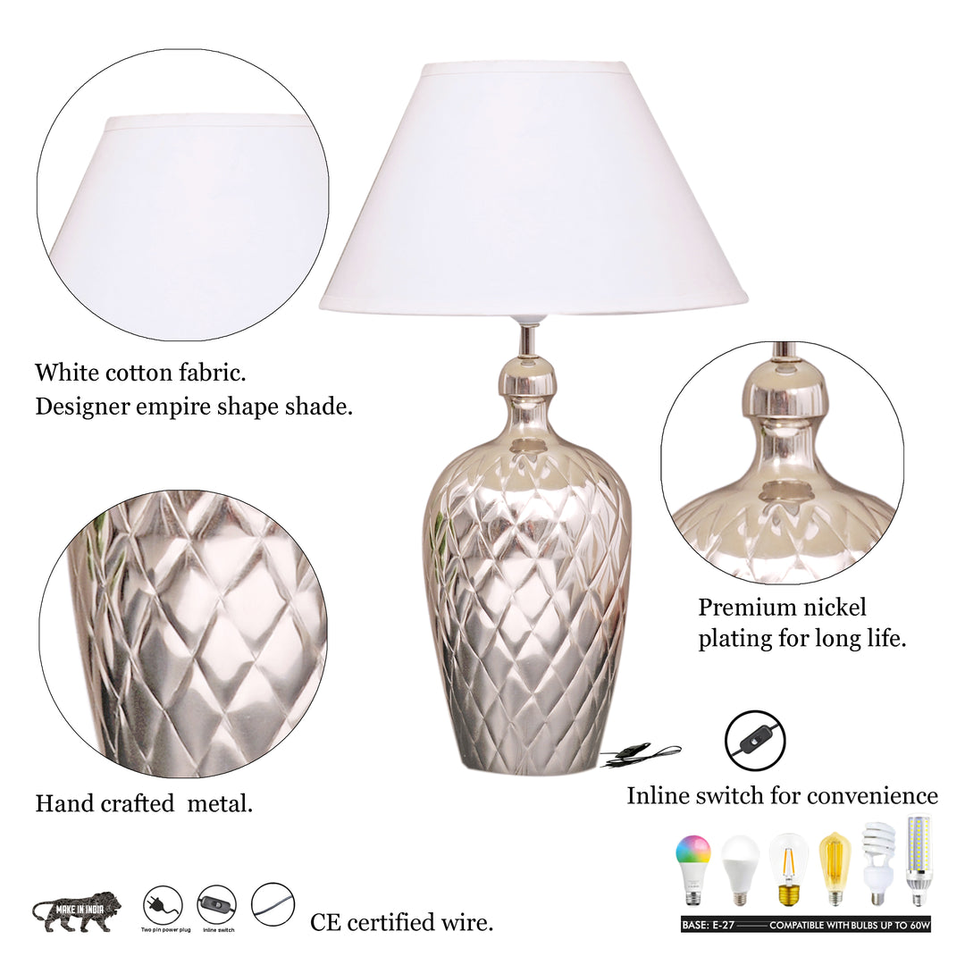 MARGAUX Premium Pattern Nickel Finish Metal Table Lamp with White Cotton Fabric Shade | Modern Bedside Lamp for Bedroom, Living Room, Study & Home Decor