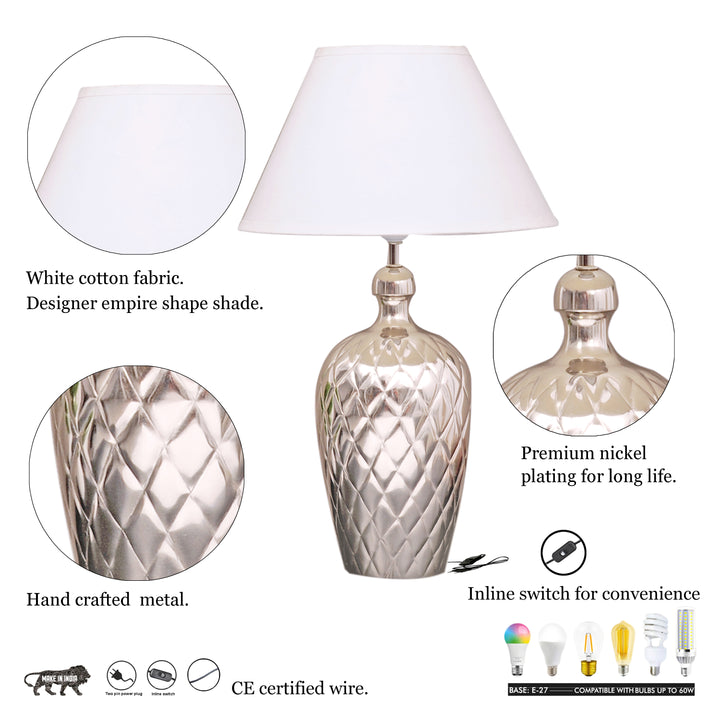 MARGAUX Premium Pattern Nickel Finish Metal Table Lamp with White Cotton Fabric Shade | Modern Bedside Lamp for Bedroom, Living Room, Study & Home Decor