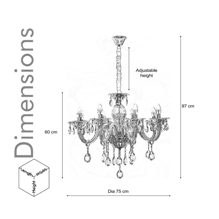 PARIS 8 Arm Ceiling Chandelier In Chrome & Clear Finish With Glass Crystal Drops & Trim