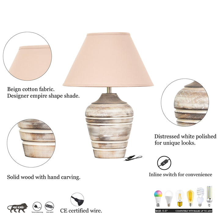 Prova distress white wood table lamp With Cotton Fabric Shade