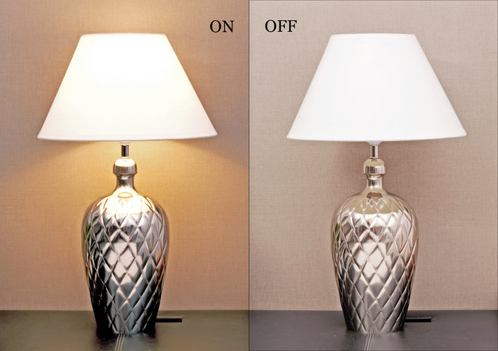 MARGAUX Premium Pattern Nickel Finish Metal Table Lamp with White Cotton Fabric Shade | Modern Bedside Lamp for Bedroom, Living Room, Study & Home Decor