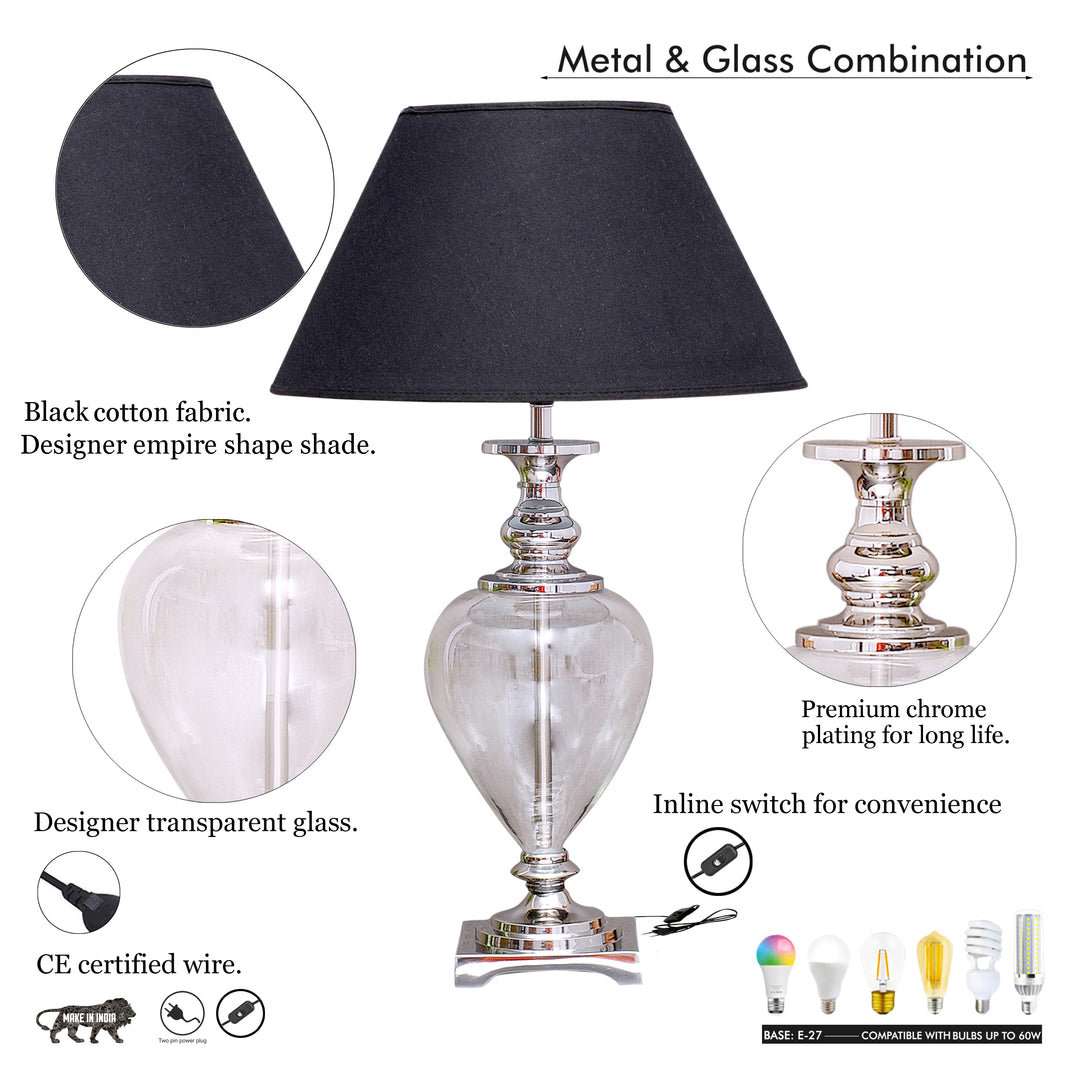 HINTON Clear Glass and Nickel Finish Metal Table Lamp With Cotton Shade
