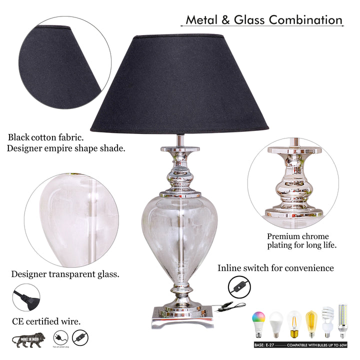 HINTON Clear Glass and Nickel Finish Metal Table Lamp With Cotton Shade