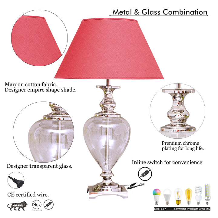 HINTON Clear Glass and Nickel Finish Metal Table Lamp With Cotton Shade