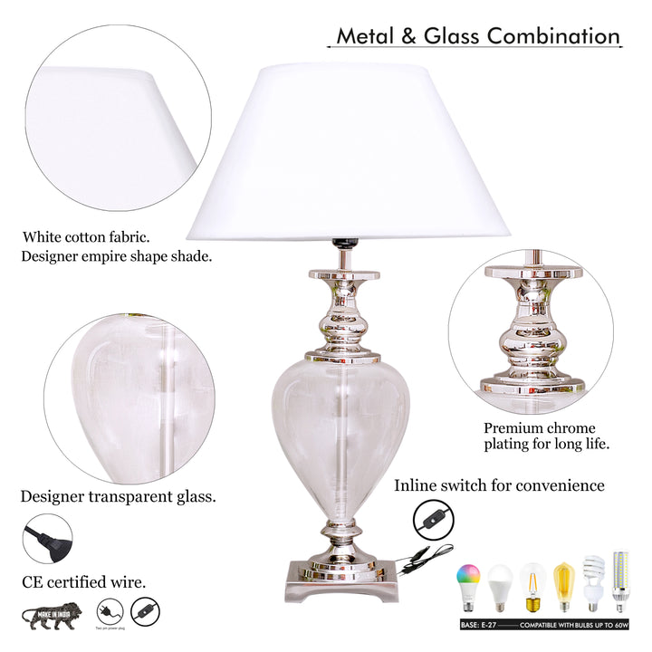 Hinton Clear Glass and Nickel Finish Metal Table Lamp With White Cotton Shade