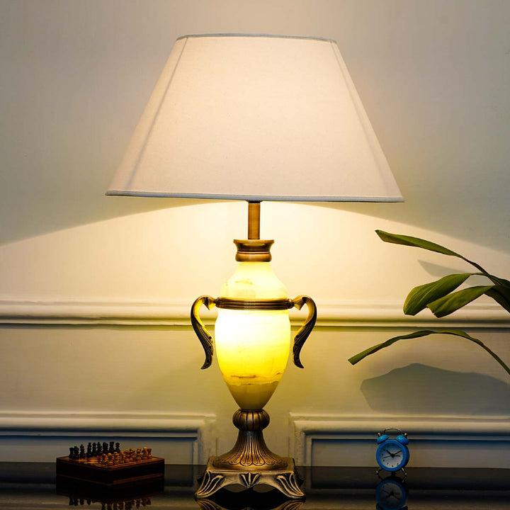 Kromo Real Alabaster Stone And Brass Table Lamp With White Cotton Shade