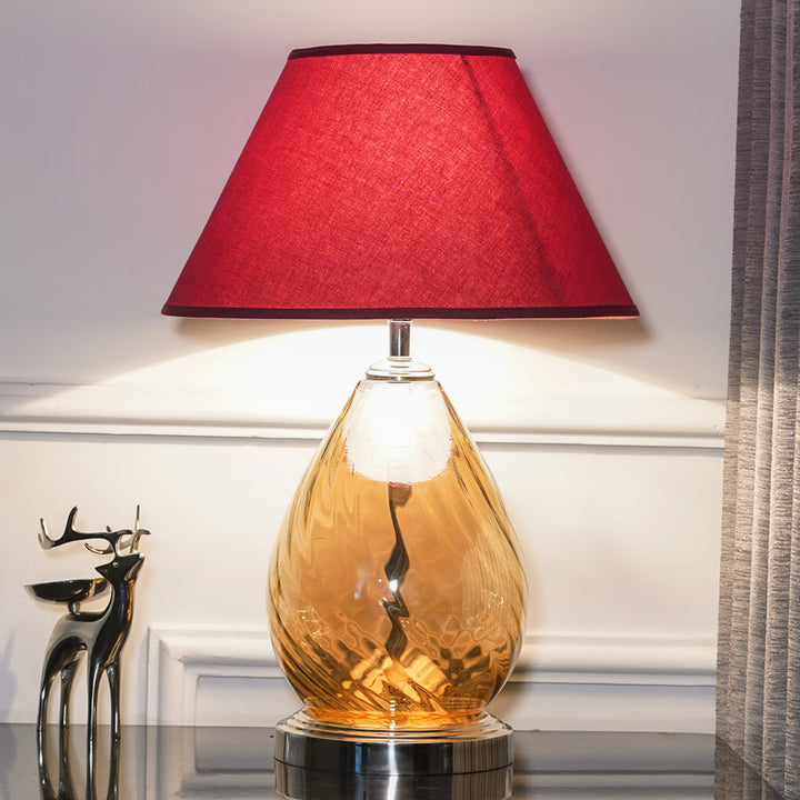 Decade Glass and Metal Table Lamp With Maroon Cotton Shade