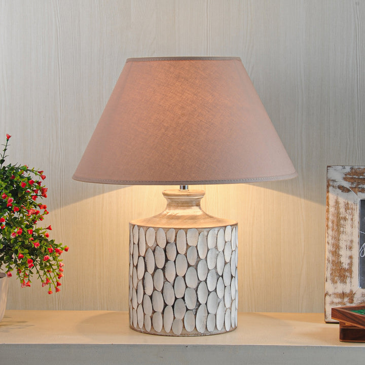 Garlen natural carved wood table lamp With White Cotton Shade