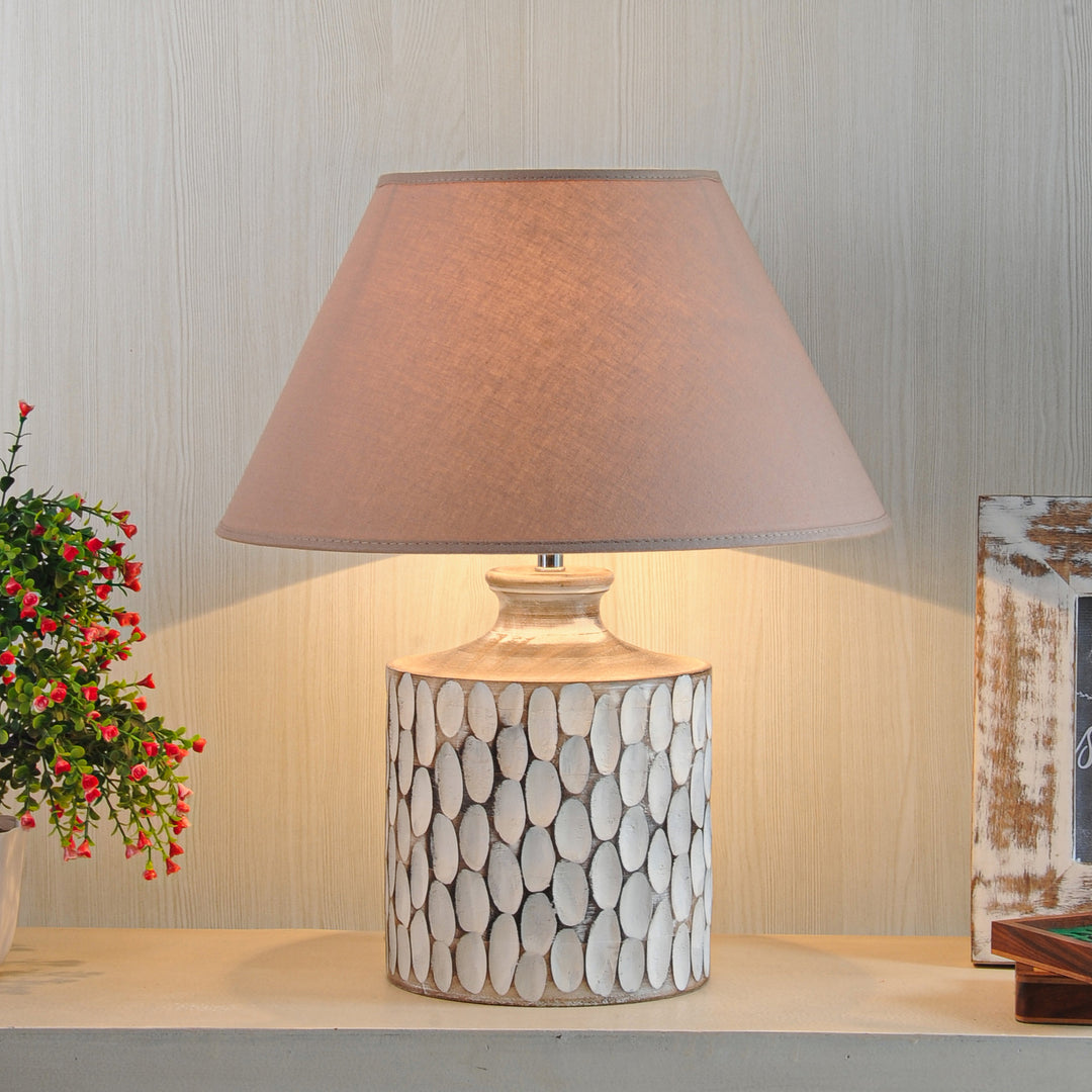 Garlen natural carved wood table lamp With White Cotton Shade