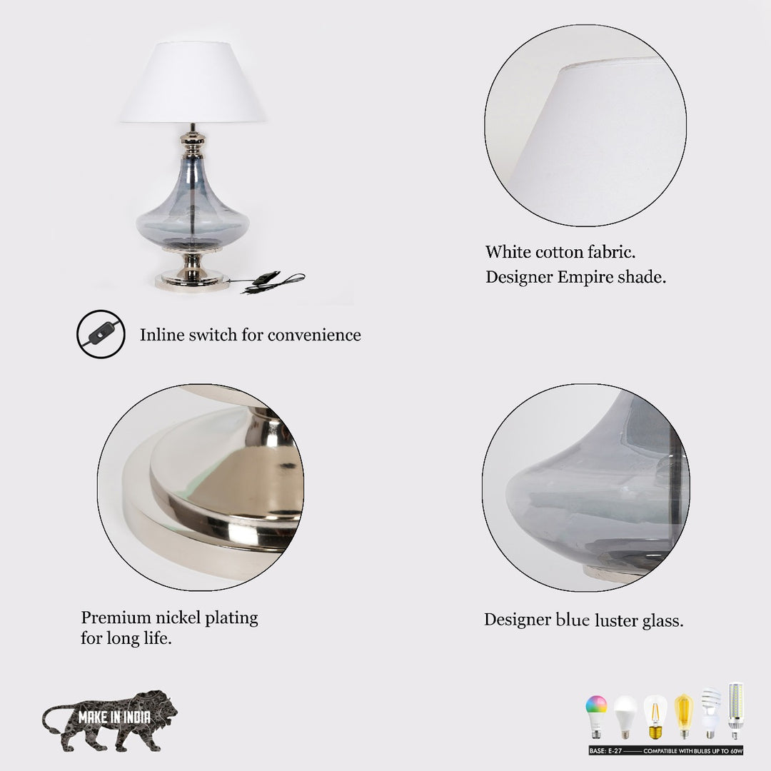 DELICEA Delicea Blue Luster Glass and Metal Table Lamp With White Cotton Shade