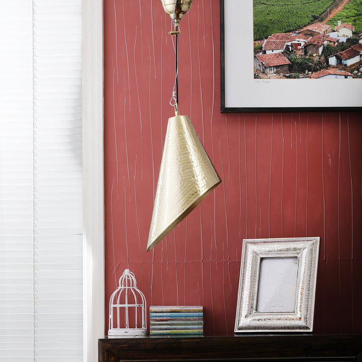 DIAGONAL Modern Cone Pendant Light in Textured Brass Finish Metal