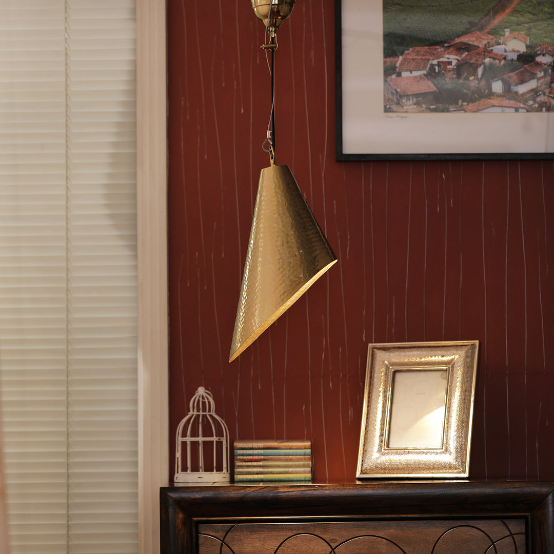 DIAGONAL Modern Cone Pendant Light in Textured Brass Finish Metal
