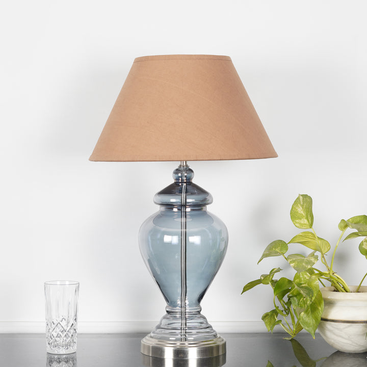SYRACUSE Blue Glass Table Lamp With White Beige Cotton Shade