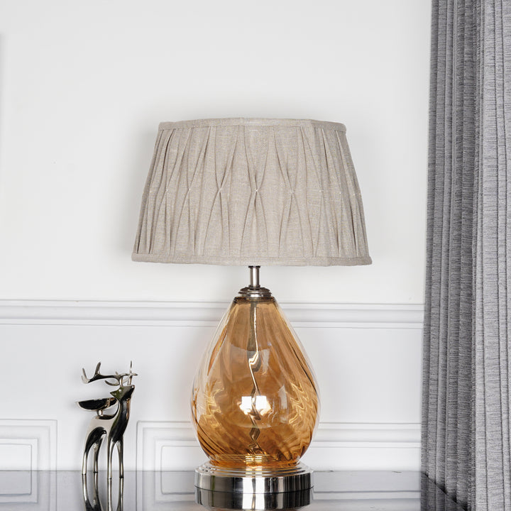 Decade Glass and Metal Table Lamp With Maroon Cotton Shade