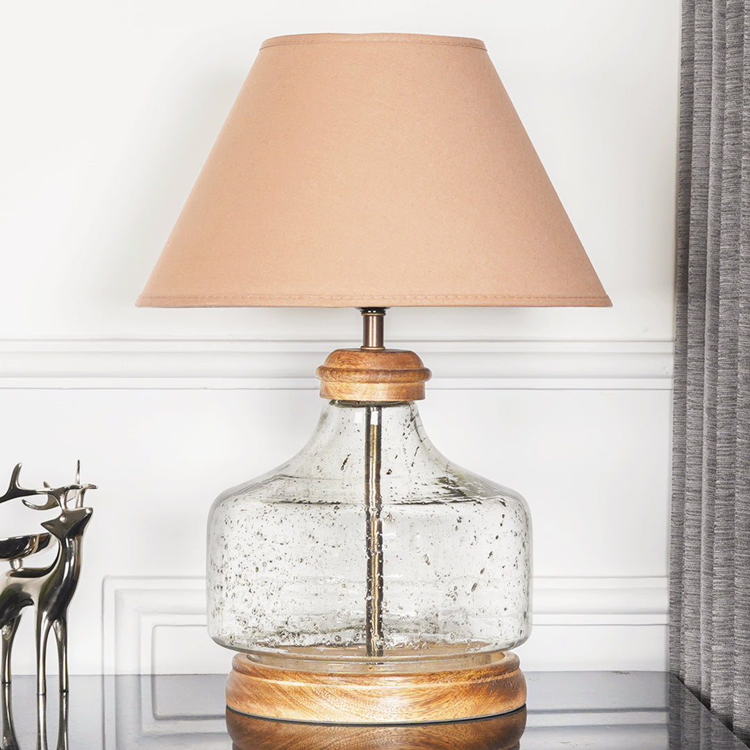 Tuscan Glass and Wood Table Lamp With Beige Cotton Shade