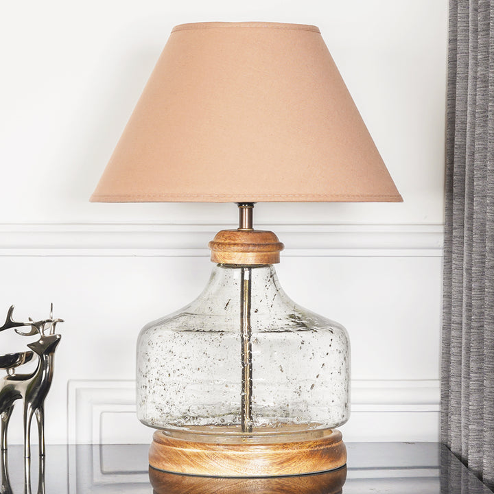 Tuscan Glass and Wood Table Lamp With Beige Cotton Shade