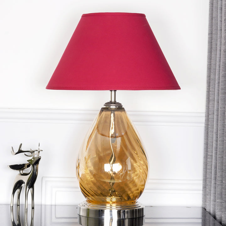 Decade Glass and Metal Table Lamp With Maroon Cotton Shade