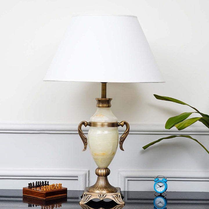 Kromo Real Alabaster Stone And Brass Table Lamp With White Cotton Shade