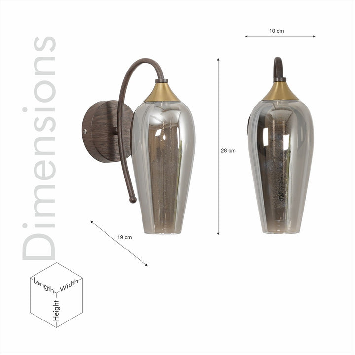 KANIA Single Light Wall Fitting In Brass, Wood Finish Metal With Smoke Glass