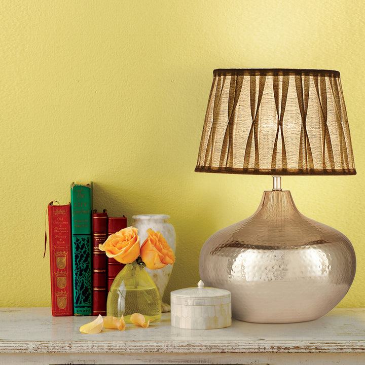 BERTHOLD Hammered Chrome Finish Metal Table Lamp with Grey Cotton Fabric Shade | Modern Bedside Lamp for Bedroom, Living Room, Study & Home Decor