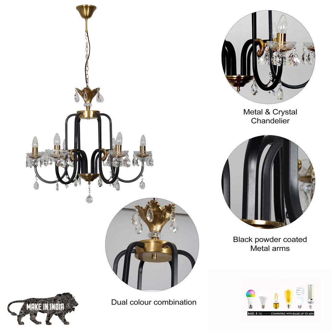 MARGARET Luxury 6-Light Metal & Crystal Chandelier with Black & Antique Brass Finish