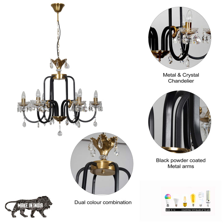 MARGARET Luxury 6-Light Metal & Crystal Chandelier with Black & Antique Brass Finish