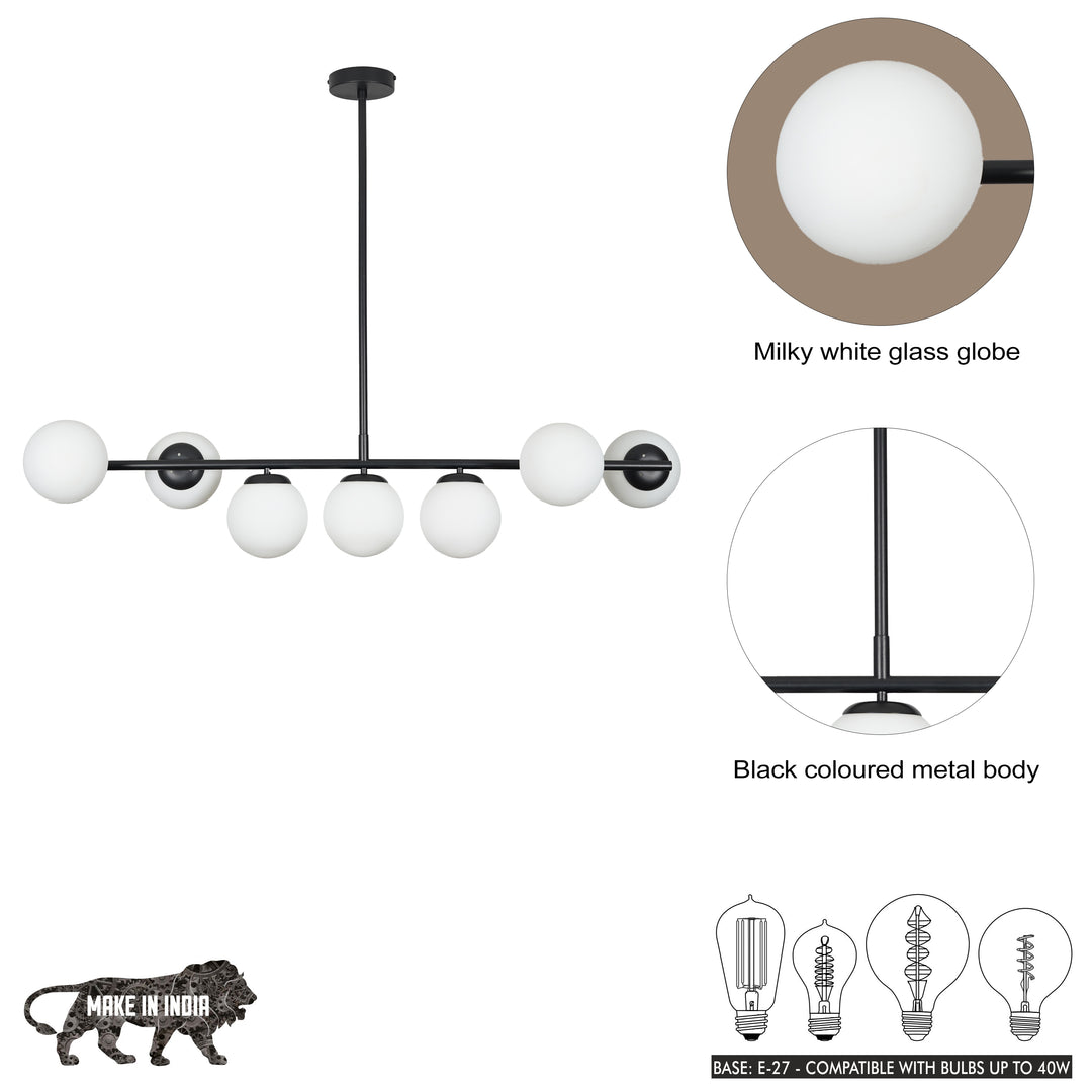 MOONLIGHT Modern Linear 7-Light Chandelier with Black Finish and Globe Shades