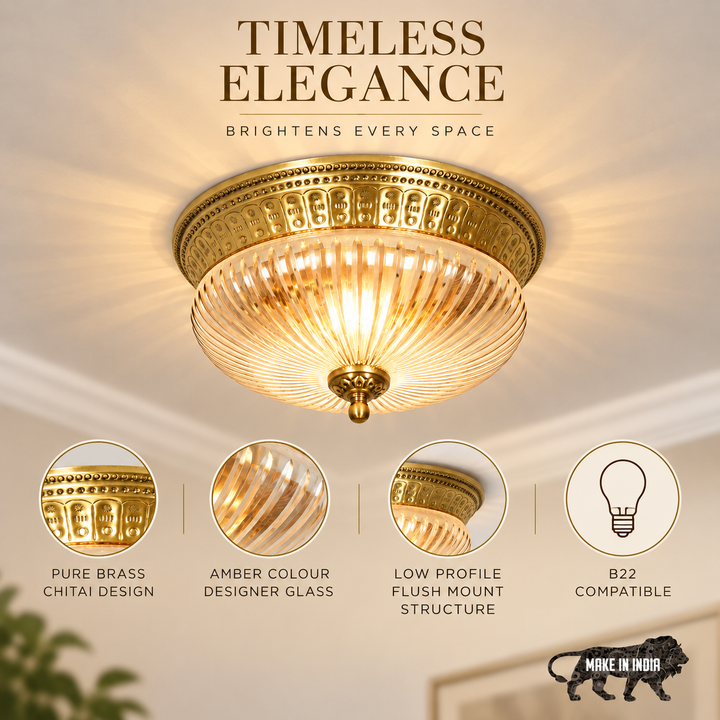 HINKLEY 2-Light Flush Mount Ceiling Light in Antique Brass Finish with Amber Rippled Glass