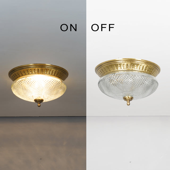TELMOR 2-Light Flush Mount Ceiling Light in Antique Brass Finish with Clear Star Diamond Cut Glass
