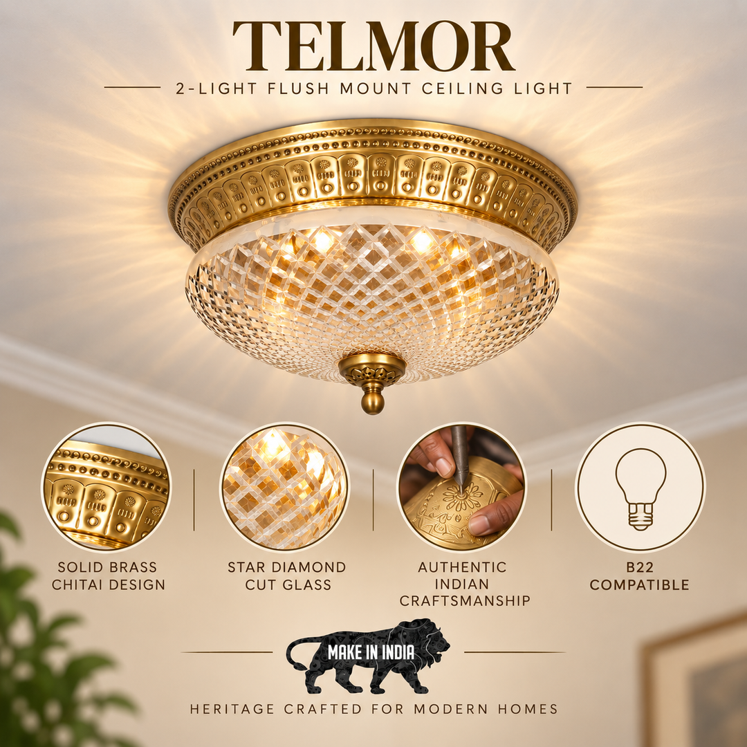 TELMOR 2-Light Flush Mount Ceiling Light in Antique Brass Finish with Clear Star Diamond Cut Glass