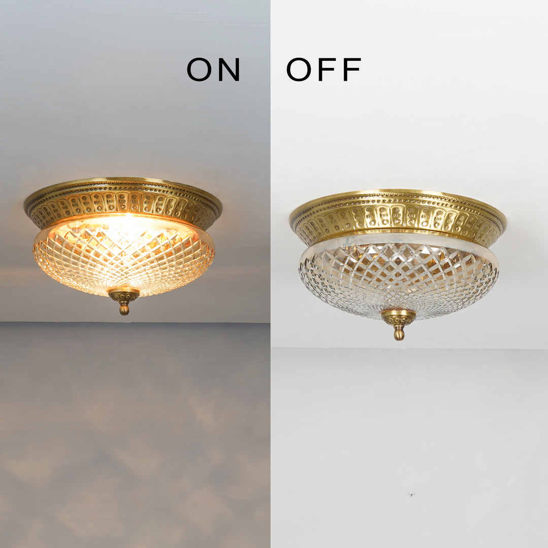 CAMERON 2-Light Flush Mount Ceiling Light in Brass Finish with Amber Diamond Cut Glass