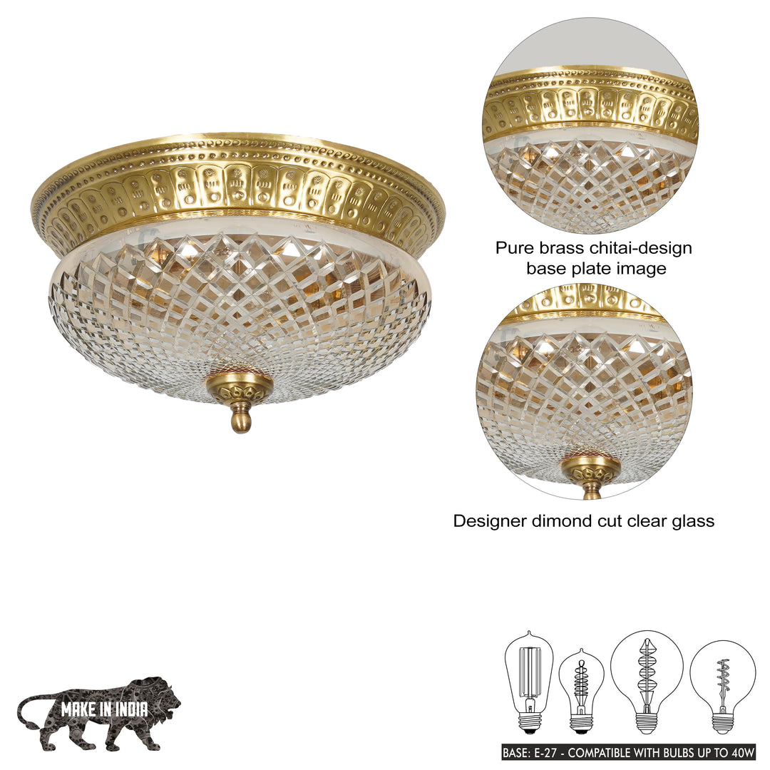 CAMERON 2-Light Flush Mount Ceiling Light in Brass Finish with Amber Diamond Cut Glass