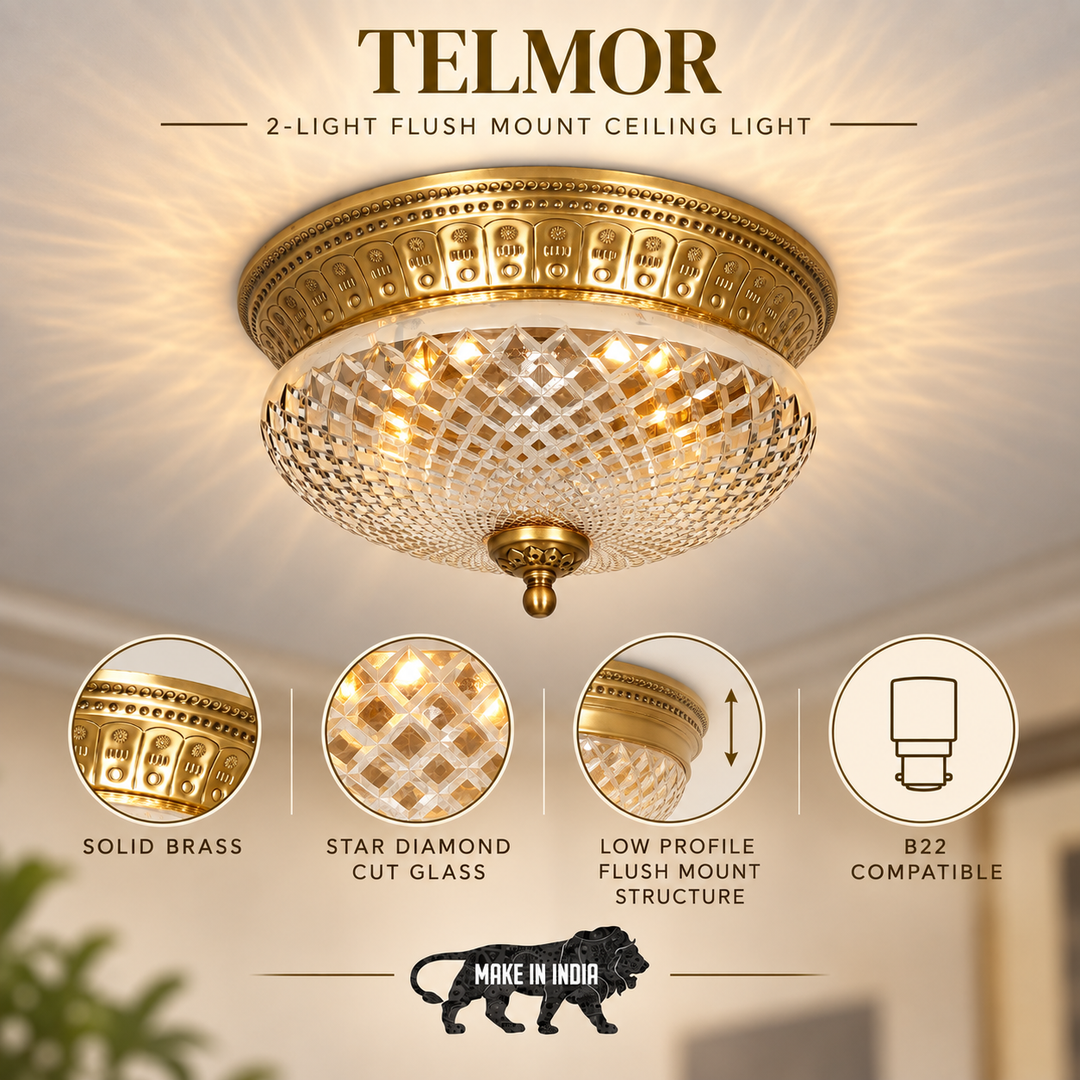 TELMOR 11-Inch 2-Light Flush Mount Ceiling Light in Antique Brass Finish with Clear Star Diamond Cut Glass