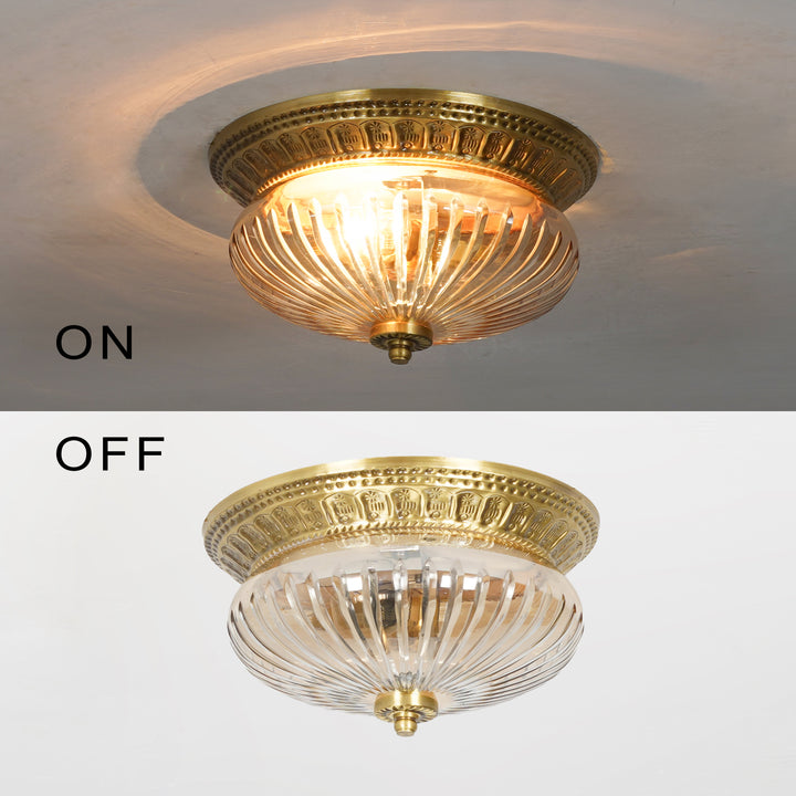 HINKLEY Single Light Flush Mount Ceiling Light in Antique Brass Finish with Amber Rippled Glass