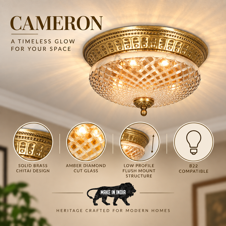 CAMERON 2-Light Flush Mount Ceiling Light in Brass Finish with Amber Diamond Cut Glass