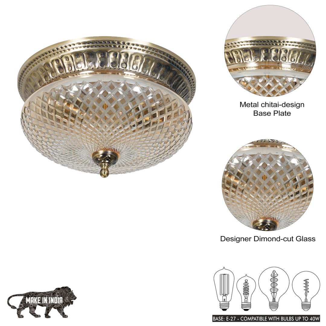 ORLENA Premium Diamond-Cut Glass Ceiling Light with Antique Brass Finish