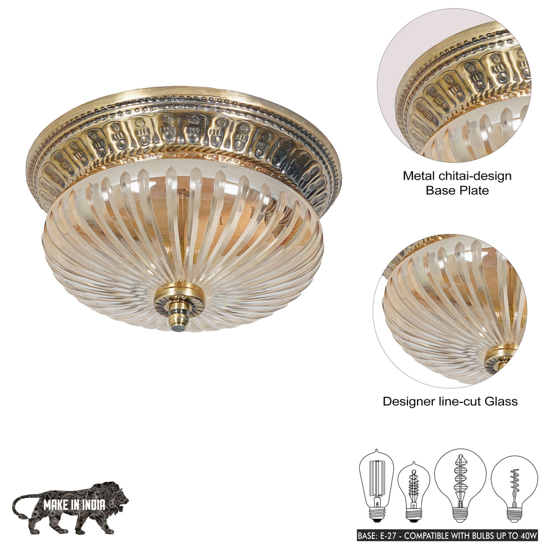 LAVERA Premium Line-Cut Glass Ceiling Light with Antique Brass Metal Base