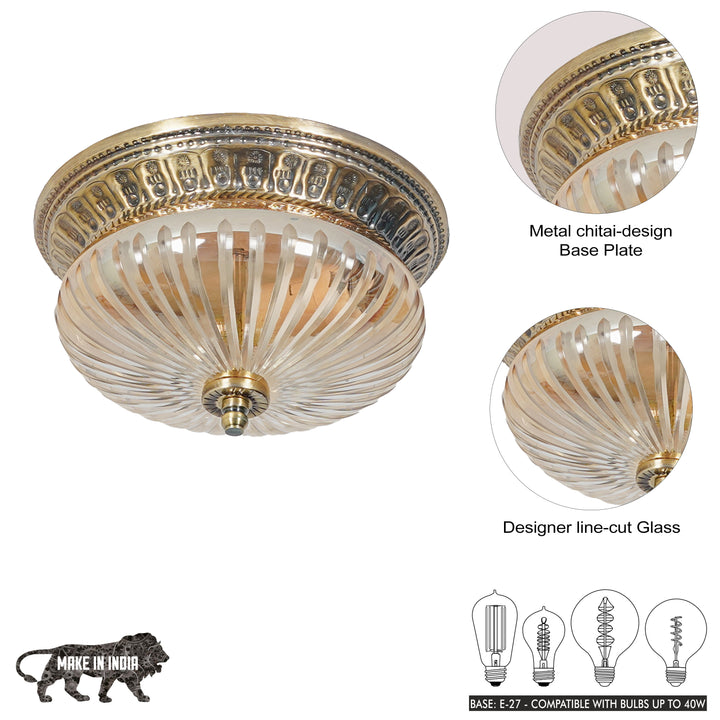 LAVERA Premium Line-Cut Glass Ceiling Light with Antique Brass Metal Base