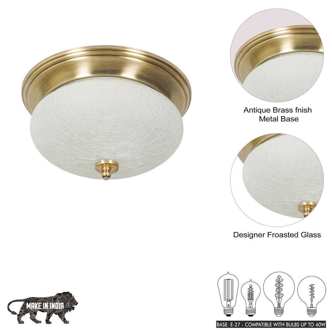 ZAVERA Premium Frosted Crackle Glass Flush Mount Ceiling Light with Antique Brass Finish