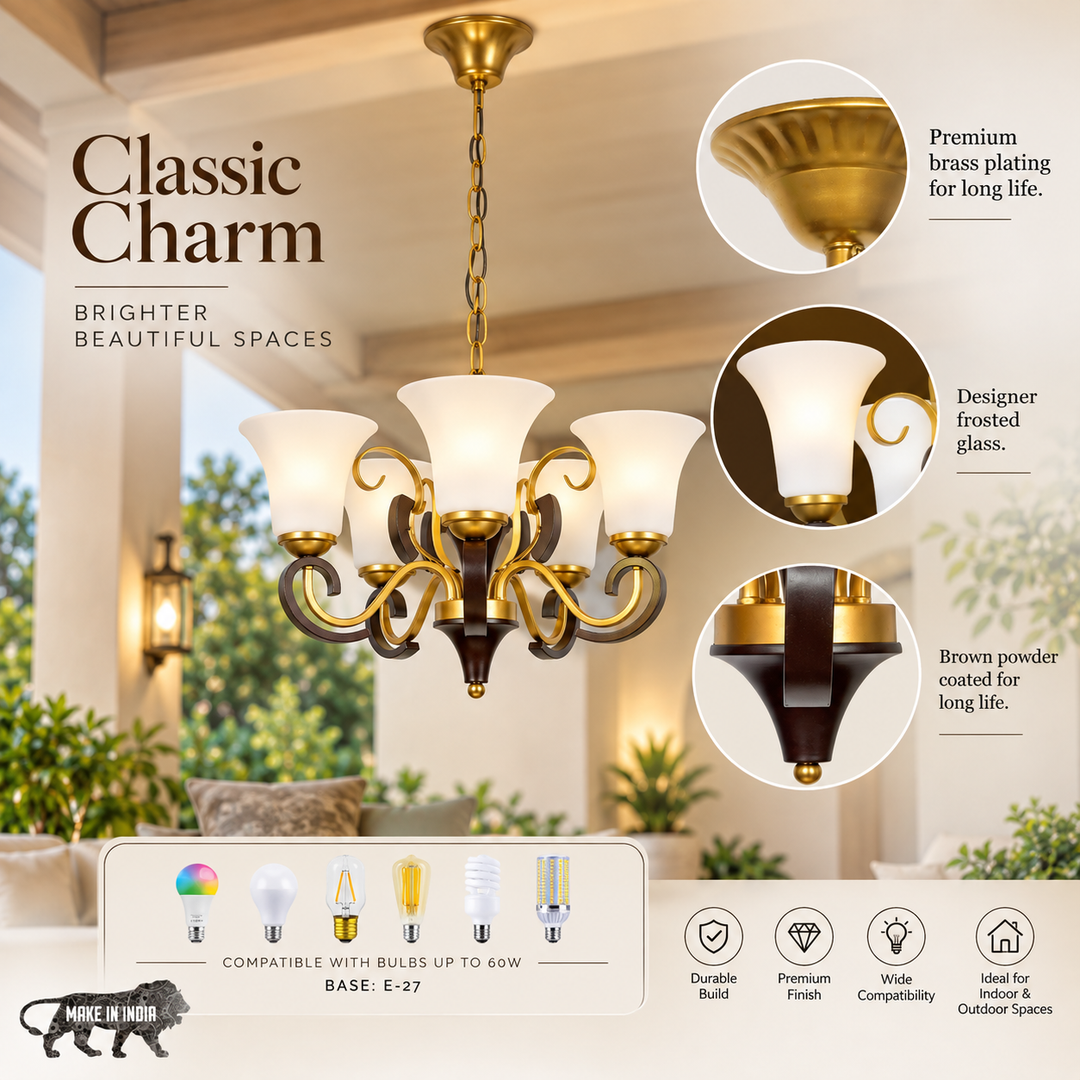 SUKI 5 Light Metal Glass and Wood Fusion Chandelier