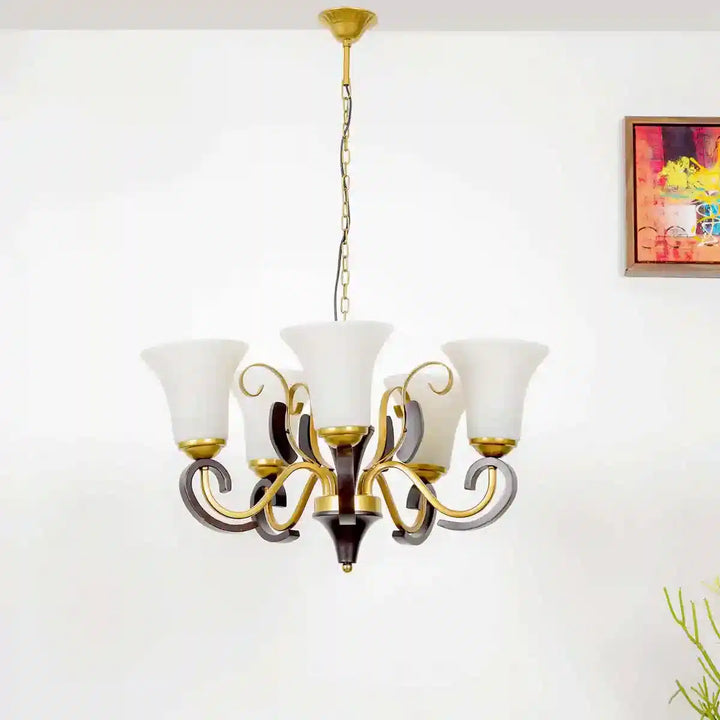 Suki 5 Light Metal Glass and Wood Fusion Chandelier