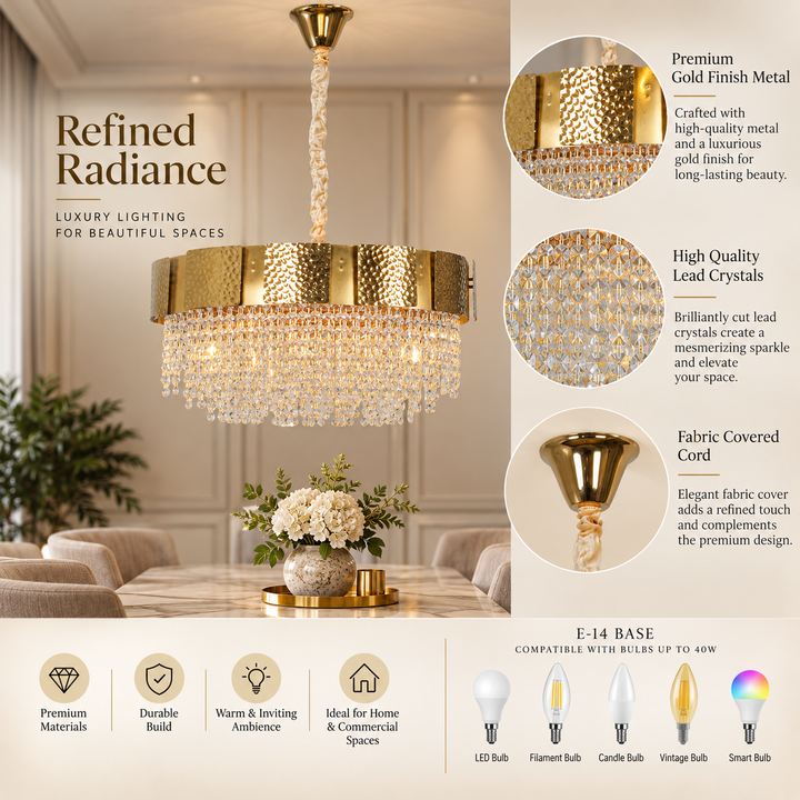 ELLIE 12-Light Gold Metal Crystal Chandelier with LED Filament Bulbs (E14 Holders, Bulbs Included)