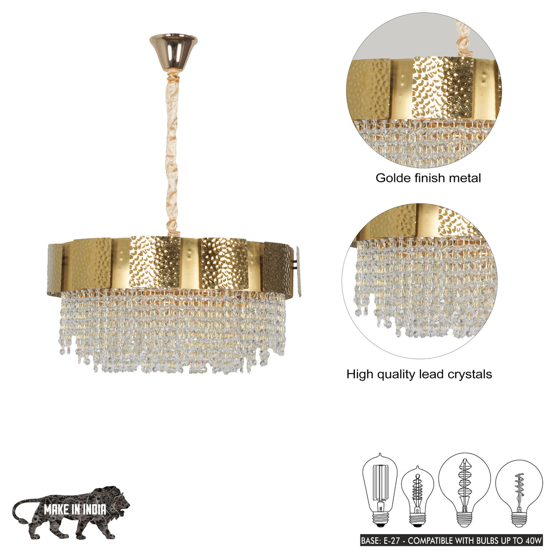 ELLIE 12-Light Gold Metal Crystal Chandelier with LED Filament Bulbs (E14 Holders, Bulbs Included)