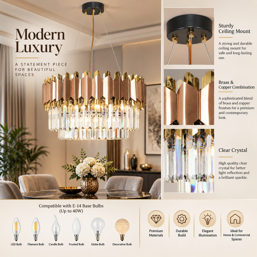PHANTOM 9-Light Brass Finish Metal & Crystal Premium Chandelier
