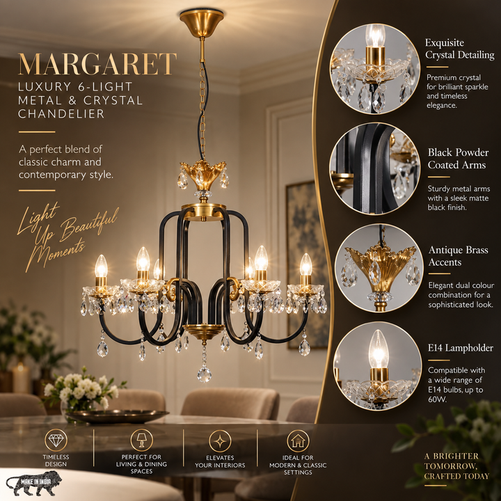 MARGARET Luxury 6-Light Metal & Crystal Chandelier with Black & Antique Brass Finish