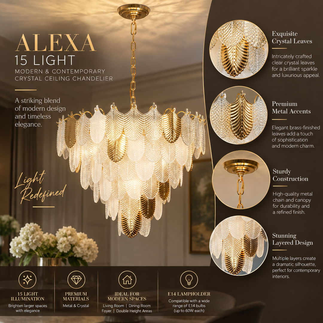 ALEXA 15 Light Modern & Contemporary Crystal Ceiling Chandelier ( Bulbs Included)