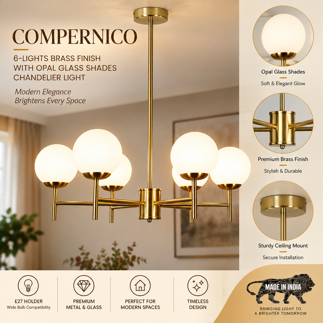 COMPERNICO 6-Lights Brass Finish with Opal Glass Shades Chandelier Light
