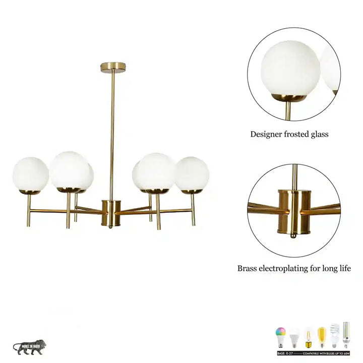 Compernico 5-Lights Brass Finish with Opal Glass Shades Chandelier Light