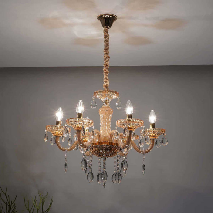 Marie Theresa 6 Arm Ceiling Chandelier In Amber & Clear Finish With Glass Crystal Drops & Trim