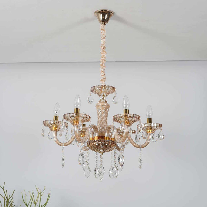 Marie Theresa 6 Arm Ceiling Chandelier In Amber & Clear Finish With Glass Crystal Drops & Trim